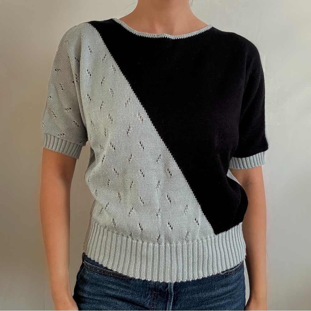 Vintage knit colorblock boxy dolman top blouse blue black medium 80s